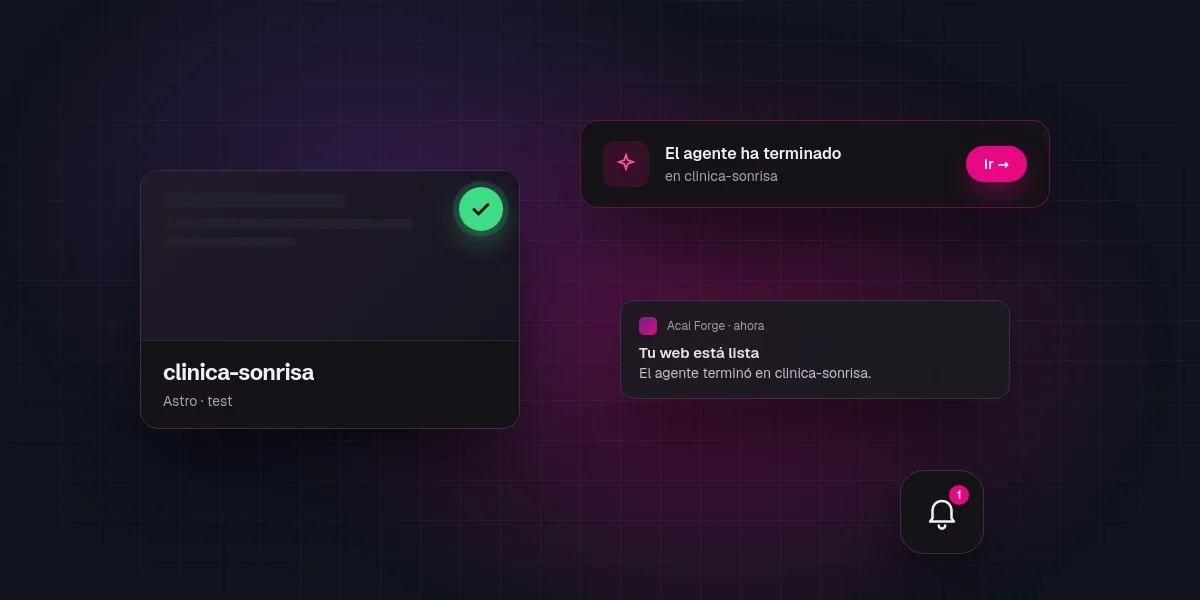 Aviso «El agente ha terminado» con el botón «Ir», una notificación del sistema y la tarjeta del proyecto marcada con un check.