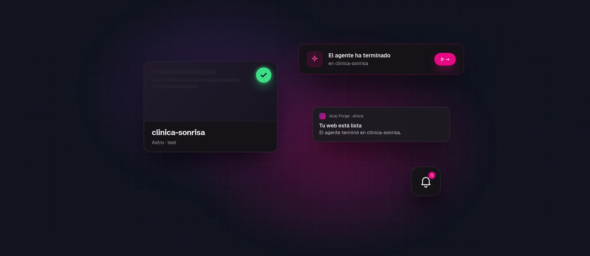 Aviso «El agente ha terminado» con el botón «Ir», una notificación del sistema y la tarjeta del proyecto marcada con un check.