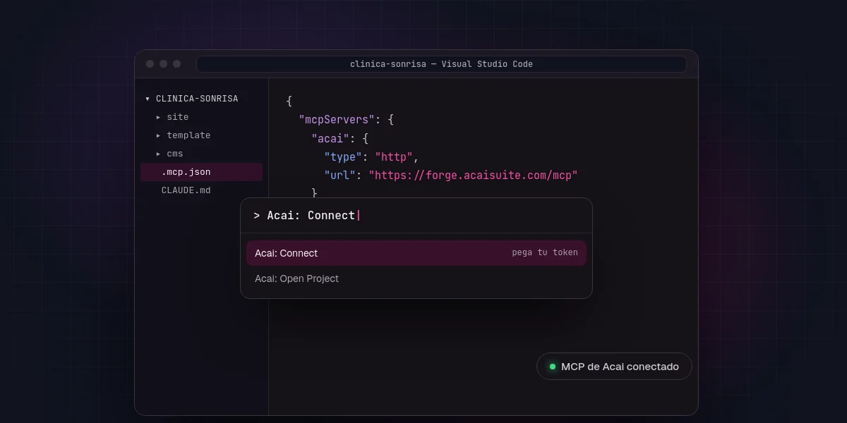 Visual Studio Code con el fichero .mcp.json de Acai y la paleta de comandos en «Acai: Connect».