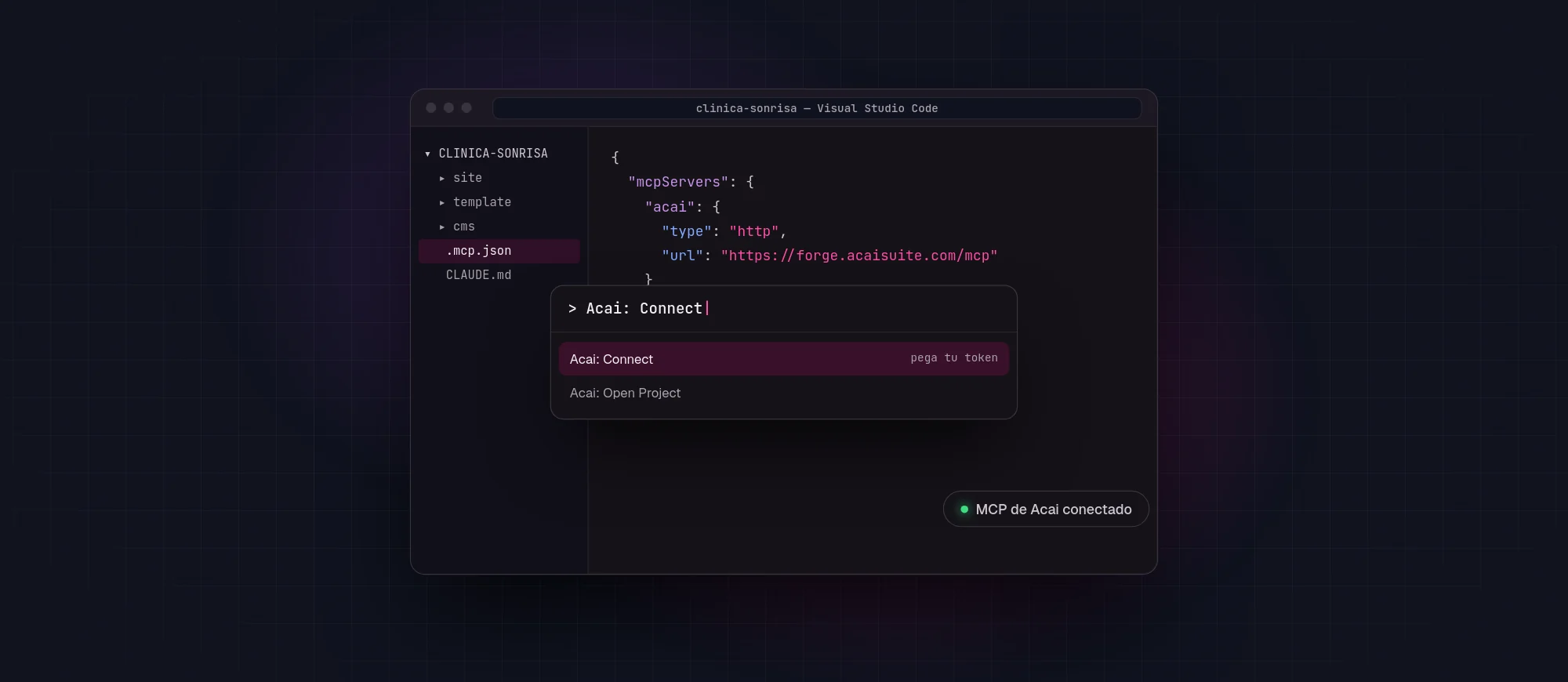 Visual Studio Code con el fichero .mcp.json de Acai y la paleta de comandos en «Acai: Connect».